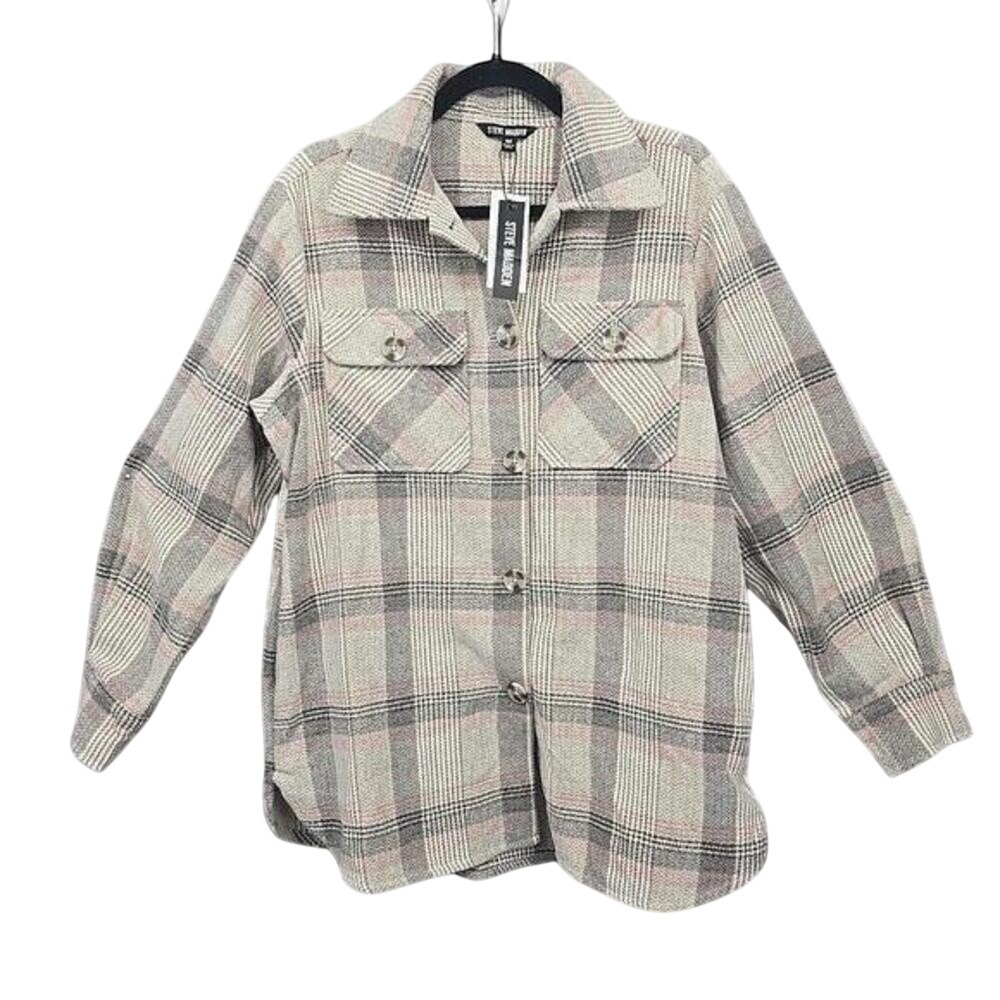 Steve Madden Women Plaid Shirt Jacket Tan Pink Grey Button Up Flannel Medium NWT